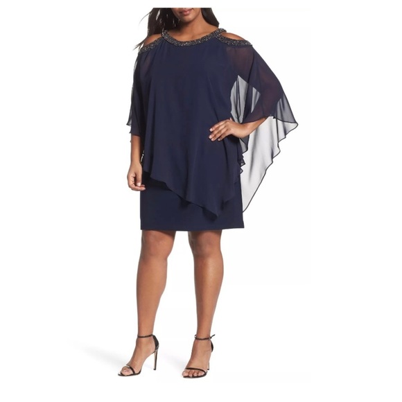 NWT! Xscape Chiffon Overlay Dress‎ Navy [ SZ 18W ] - Picture 2 of 6